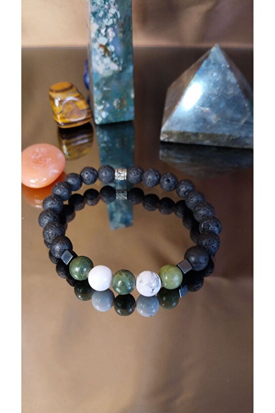 Erkek Doğal Taş Sertifikalı Bileklik. Hematit, Akik, Yeşim, Havlit, Lav Taşı, Deri Bileklik