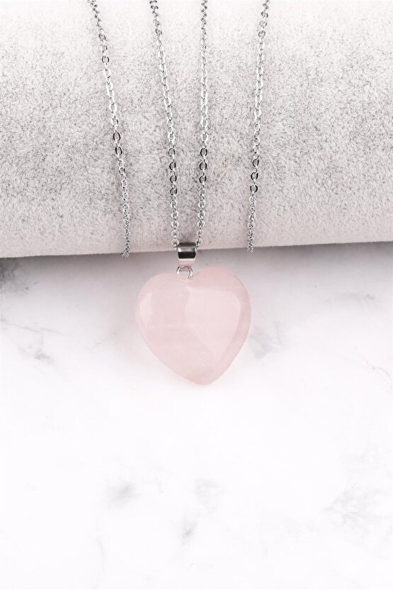 Pembe Kuvars Doğal Taş Kalp Kolye