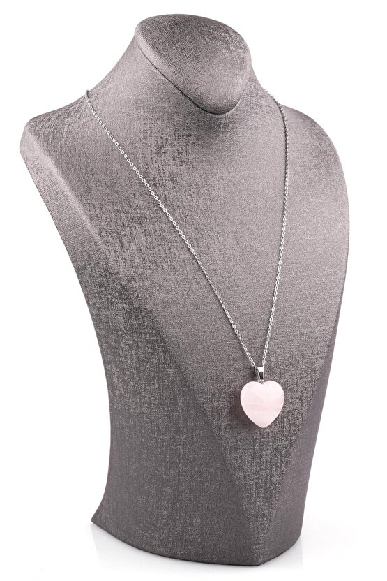 Pembe Kuvars Doğal Taş Kalp Kolye