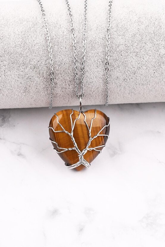 Kaplan Gözü Doğal Taş Tel Sarmalı Kalp Kolye