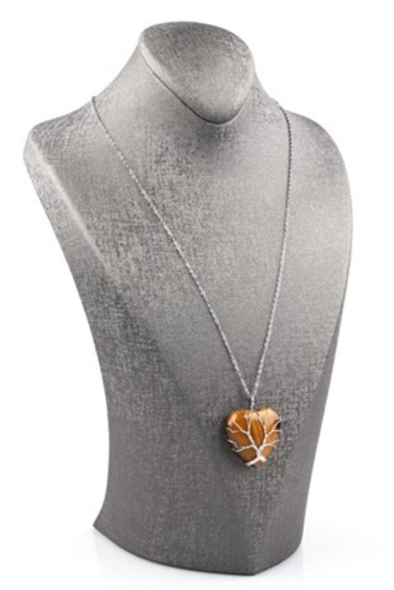 Kaplan Gözü Doğal Taş Tel Sarmalı Kalp Kolye