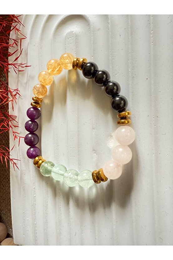 Florit,ametist,sitrin,oniks,pembe Kuvars,hematit Doğaltaş Bileklik