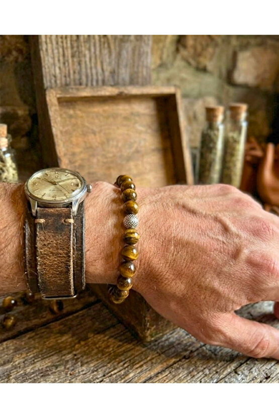 Kaplan Gözü Doğal Taş Bileklik - Güç ve Cesaret Taşı - Gümüş Detaylı Unisex Tasarım