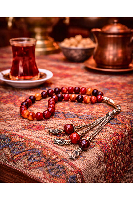 Doğal Akik Taşı Tesbih | El Yapımı | Gümüş Kaplama Püskül| Otantik Tasarım