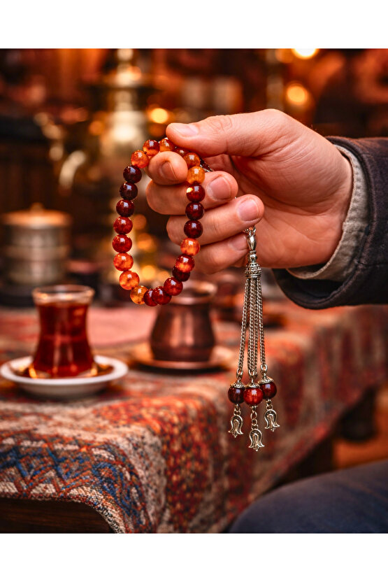 Doğal Akik Taşı Tesbih | El Yapımı | Gümüş Kaplama Püskül| Otantik Tasarım