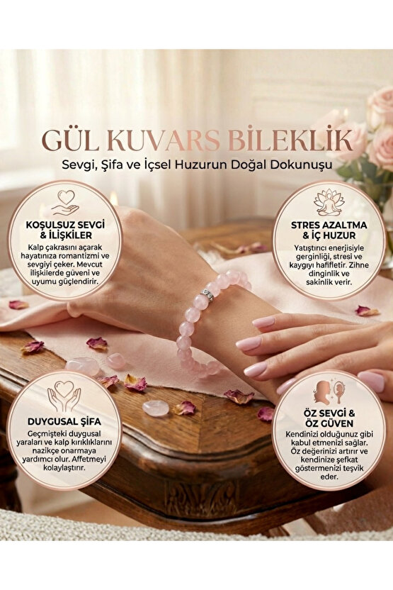 Pembe Kuvars Doğal Taş Bileklik - Aşk ve Sevgi Taşı Kadın Bileklik -