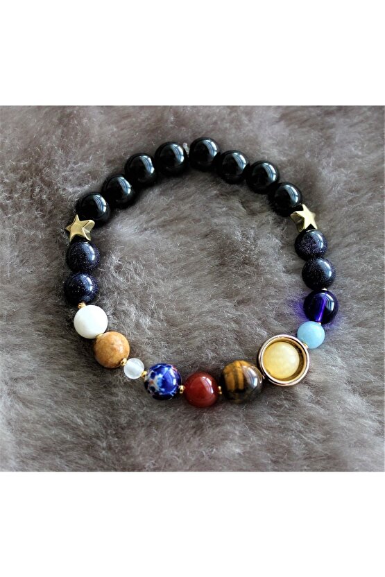 Gerçek Doğal Taş Gezegenler Güneş Sistemi  Güneş Sensin  Gold Yıldız Evren Galaksi Bileklik Streç