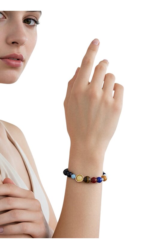 Gerçek Doğal Taş Gezegenler Güneş Sistemi  Güneş Sensin  Gold Yıldız Evren Galaksi Bileklik Streç