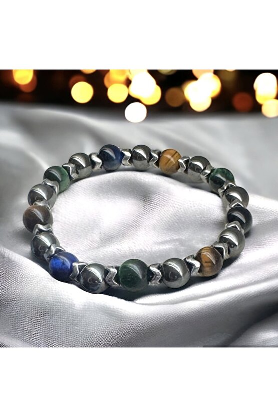 Renkli Kaplangözü Erkek Doğaltaş Bileklik , Enerji , Güç , Başarı , Mavi - Yeşil Kaplangözü