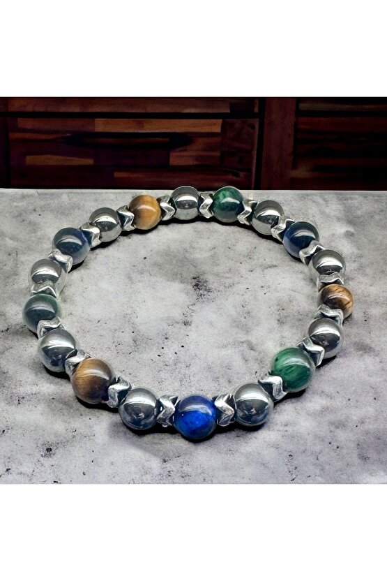 Renkli Kaplangözü Erkek Doğaltaş Bileklik , Enerji , Güç , Başarı , Mavi - Yeşil Kaplangözü