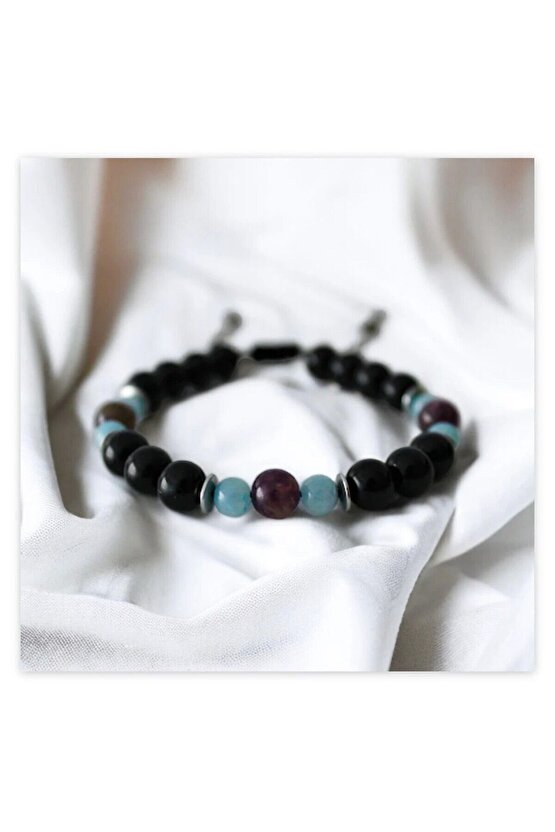 Gerçek Doğal Taş Şifa Bileklik - Cesaret Başarı Huzur Para Öğrenci (ametist,akuamarin,oniks Hematit)