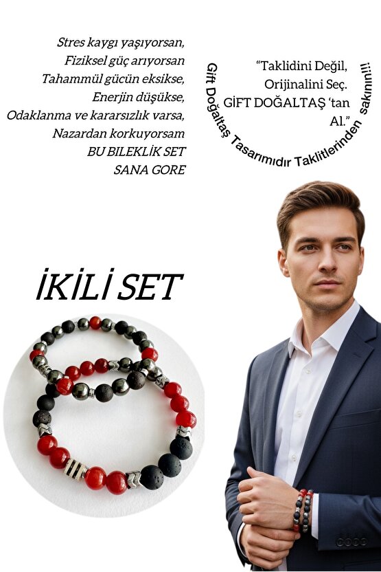 Gerçek Doğaltaş Kırmızı Akik , Lav Taşı . Hematit Koruyucu Doğaltaş Bileklik