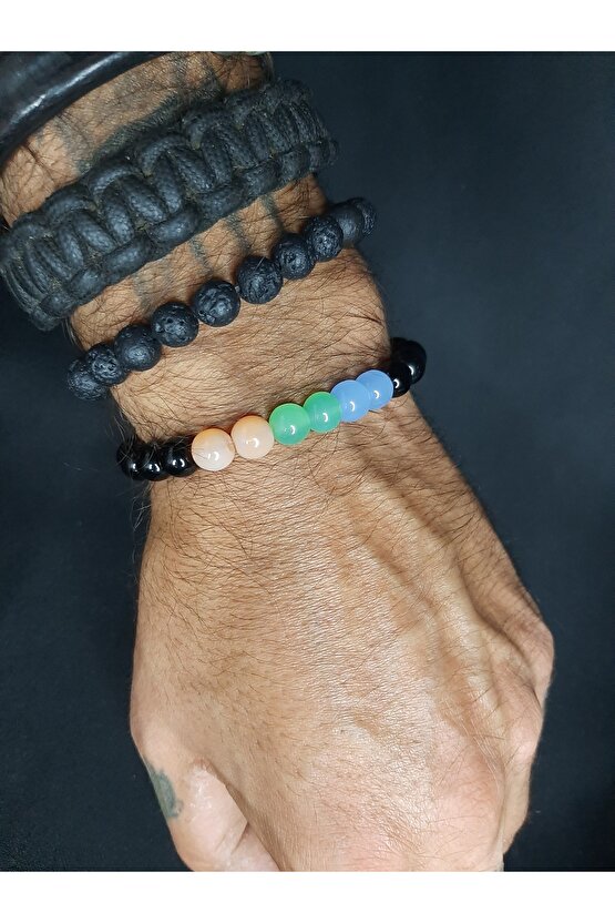 Siyah ve Üç Renkden Ouşan Cam Boncuk Bileklik Unisex