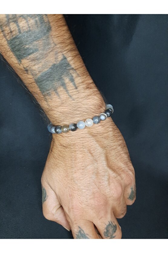 Gri Tonlamalı Karma Renk Akik Taşı Sade ve Şık Bileklik Unisex