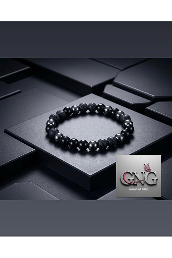 GNG SİLVER OBSİDYEN,Lavtaşı,hematit 8mm erkek bileklik strese karşı faydalı