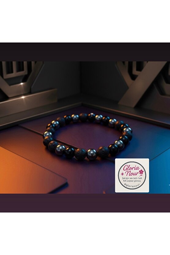 GNG SİLVER OBSİDYEN,Lavtaşı,hematit 8mm erkek bileklik strese karşı faydalı