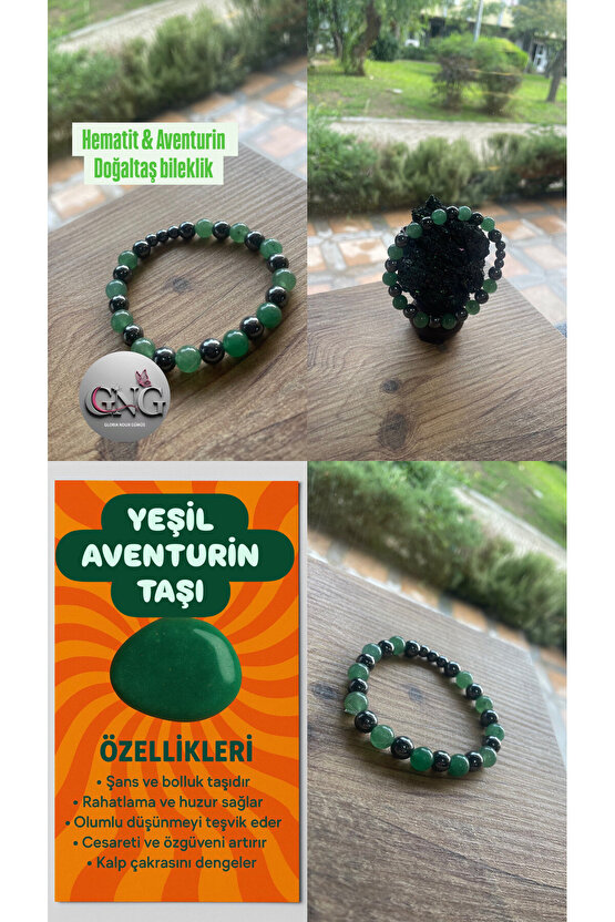 GNG SİLVER Yeşil ŞANS Bolluk taşı Aventurin ve Hematit Erkek lastikli bileklik