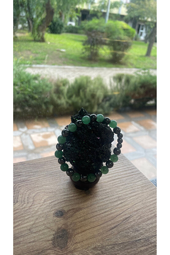 GNG SİLVER Yeşil ŞANS Bolluk taşı Aventurin ve Hematit Erkek lastikli bileklik