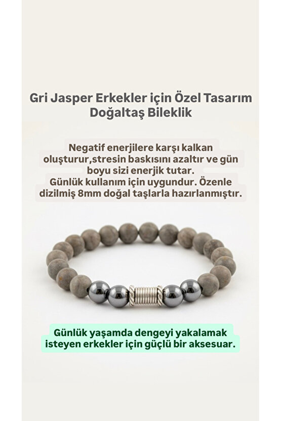 GNG SİLVER Erkek Gri Jasper Bileklik – Stres Azaltıcı & Dengeleyici 8mm