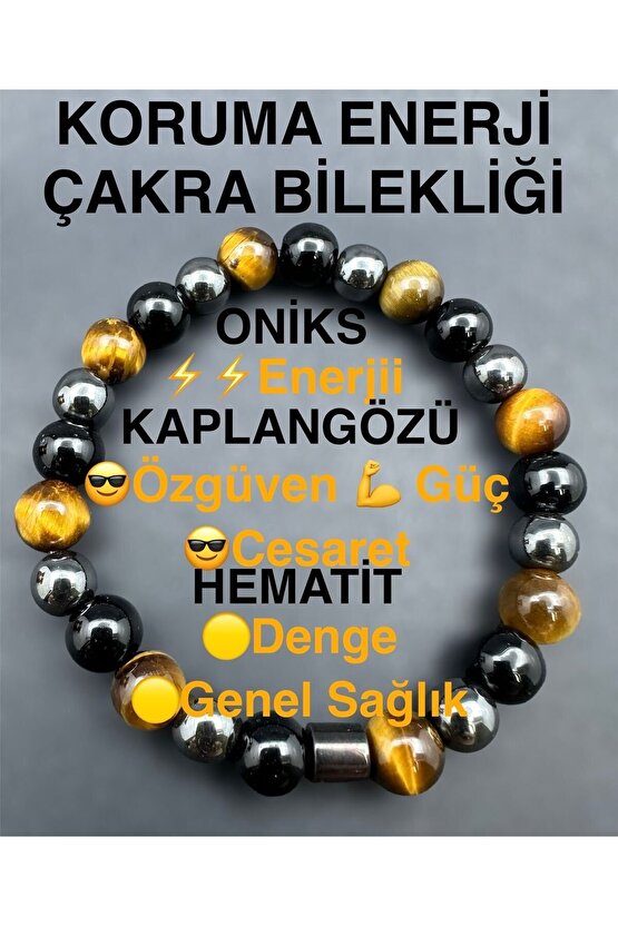 Sertifikalı Koruma Enerji Güç Denge Çakra Bilekligi Kaplangözü-oniks-hematit Birleşimi