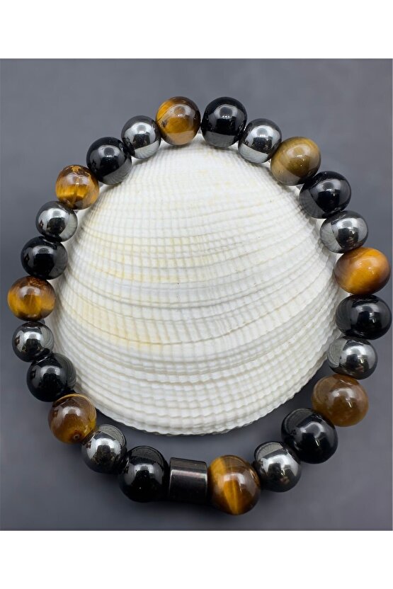 Sertifikalı Koruma Enerji Güç Denge Çakra Bilekligi Kaplangözü-oniks-hematit Birleşimi