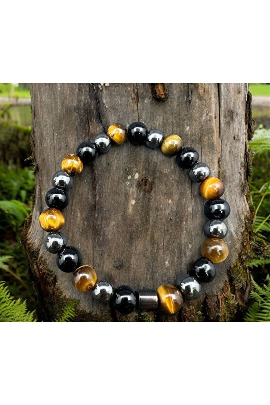 Sertifikalı Koruma Enerji Güç Denge Çakra Bilekligi Kaplangözü-oniks-hematit Birleşimi