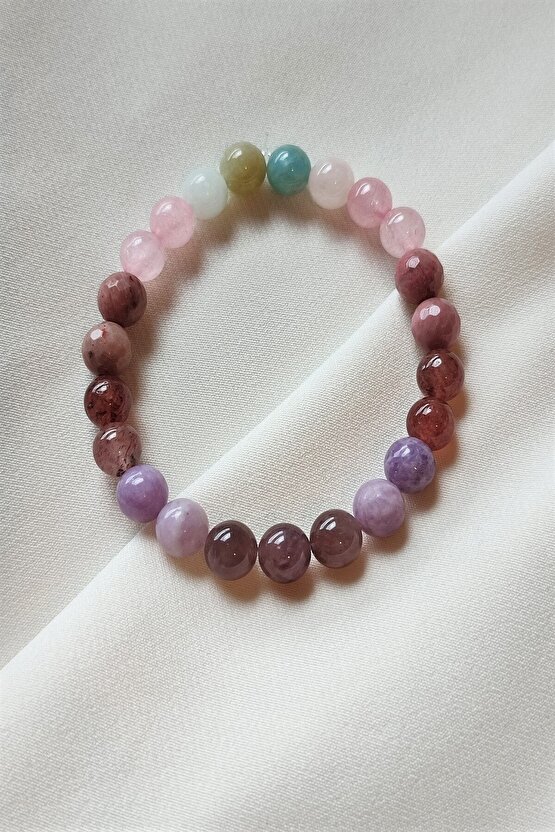 Sertifikalı Aşk Bilekliği (AMETİST, LEPİDOLİT,,RODONİT,PKUVARS, MORGANİT) Doğaltaş Bileklik