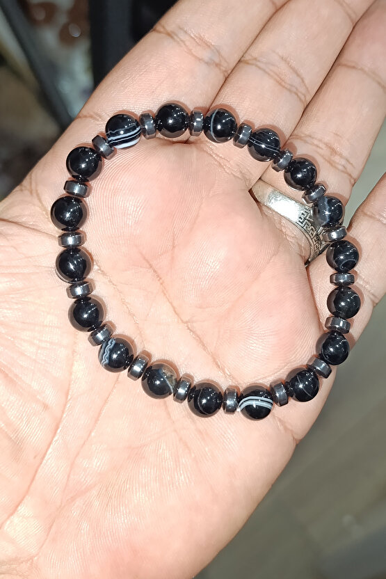 Siyah Akik 8 mm Hematit Ara Taşlı Natural Doğaltaş Bileklik