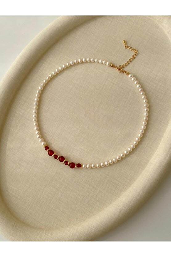 Sertifikalı Gerçek İnci Ve Akik Doğal Taş Tasarım Kolye 45 Cm