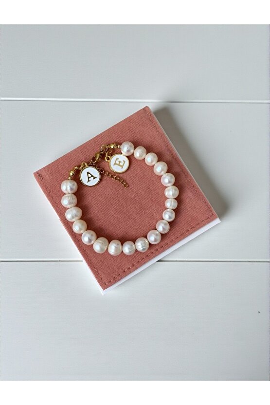 Sertifikalı Gerçek Doğal Beyaz İnci Kadın Bileklik Harf Charmlı 8 Mm