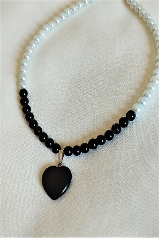 6 m Oniks  Cam İnci Doğaltaş Kalp Choker Kolye