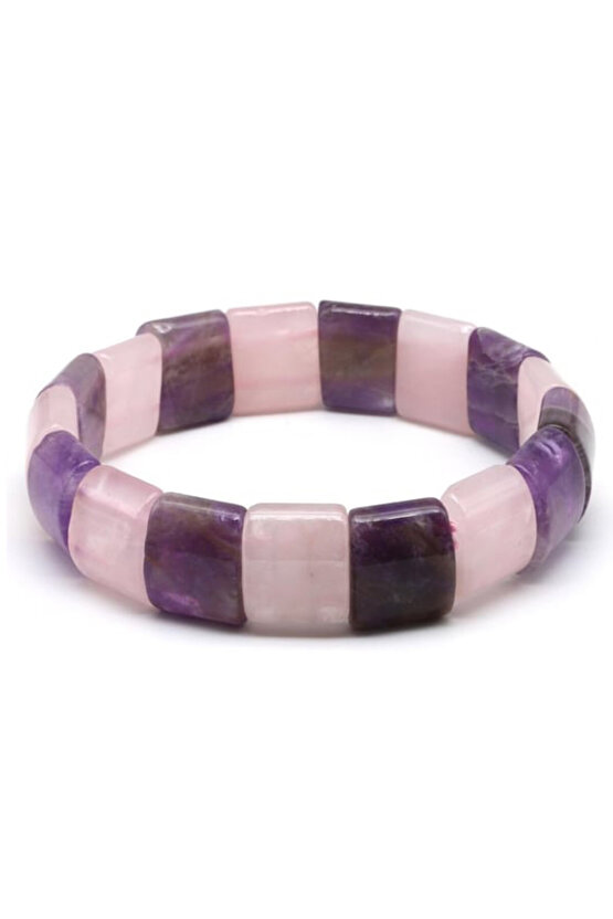 Orijinal Gerçek Ametist - Pembe Kuvars Doğal Taş Roleks Bileklik 12 x 15 mm 20 CM