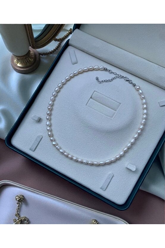 925 Ayar Gümüş Sertifikalı Doğal Orta Boy Arpa Inci Kolye -40cm 7cm Uzatma Zinciri