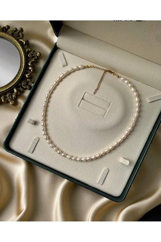 Sertifikalı Doğal Orta Boy Arpa İnci Kadın Kolye - Çelik Aparat - 40cm 7cm Uzatma