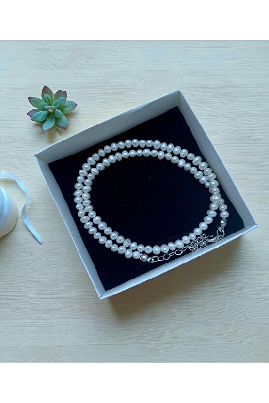 925 Ayar Gümüş Sertifikalı Doğal 4mm Inci Kolye Şık Ve Zarif - 40cm 7cm Uzatma Zinciri