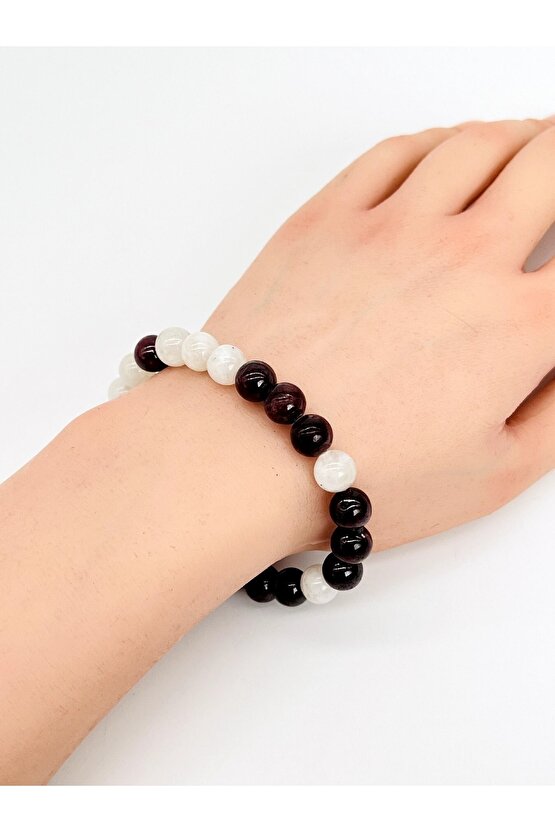 Sertifikalı Ay Taşı & Lal Garnet Doğal Taş Özel Tasarım Bileklik 8 Mm