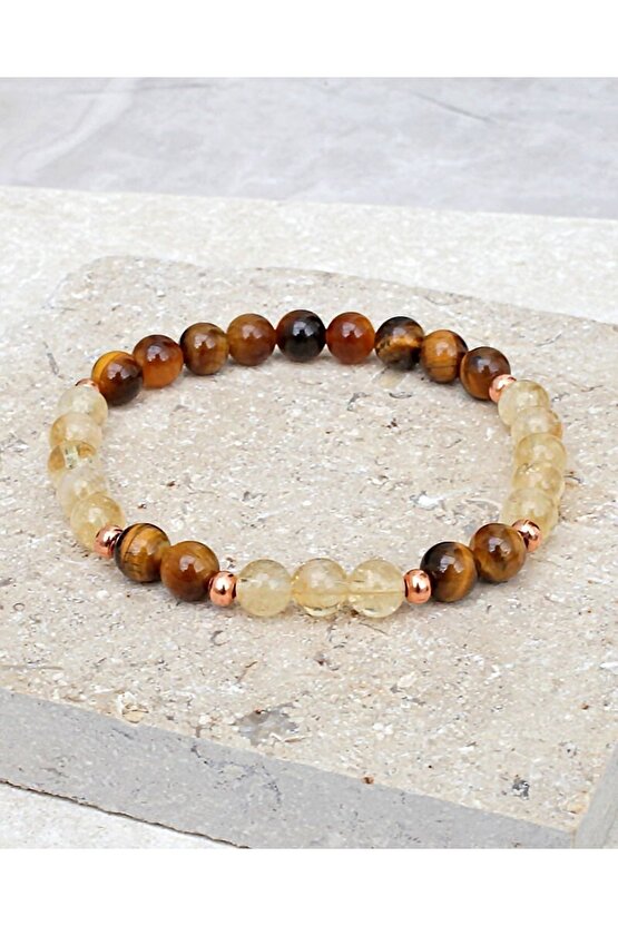 Dönüşümlü Sitrin - Kaplan Gözü Doğal Taş Bileklik 8 mm