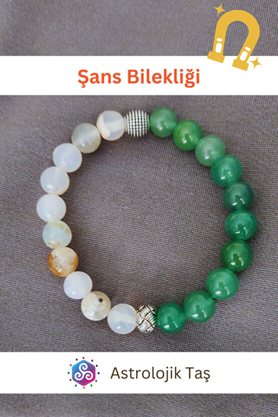 Doğal Taş Şans Bilekliği - Beyaz Akik & Aventurin Taşı