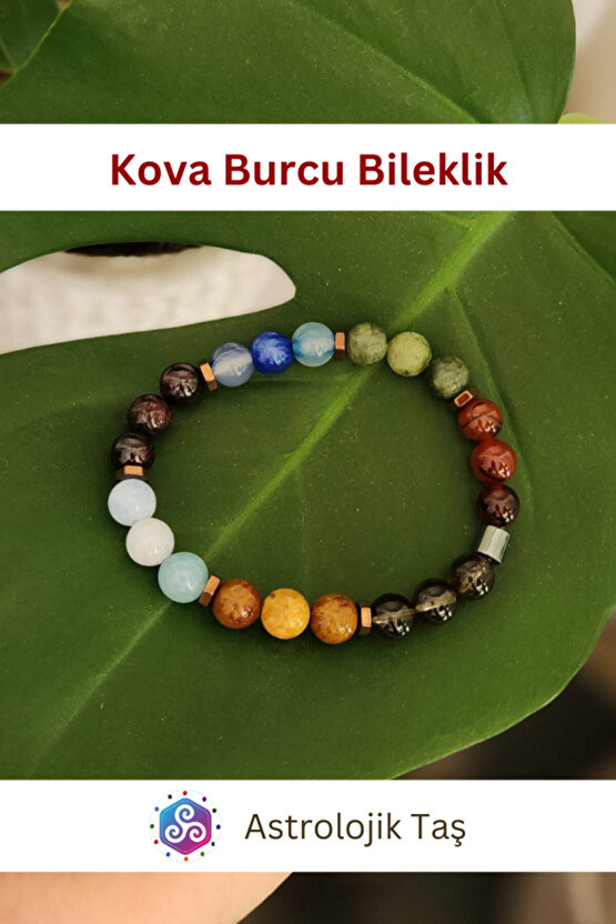 Kova Burcu Bilekliği - Jasper, Lal Taşı, Akuamarin, Dumanlı Kuvars, Yeşim Taşı, Mavi Ve Kırmızı Akik
