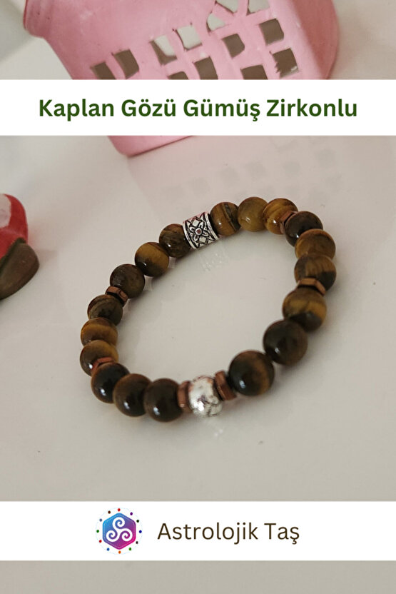 Kaplan Gözü Doğal Taş Bileklik (Gümüş Rengi Yuvarlak Charmlı)