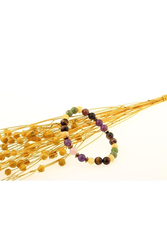 Özel Tasarım Doğal Taş Bileklik 8 mm Ametist, Pembe Kuvars, Yeşim, Kehribar, Kaplan Gözü