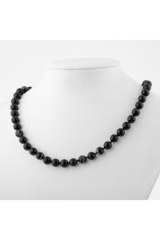 Siyah Göz Akik 8 mm Düğümlü Doğal Taş Kolye