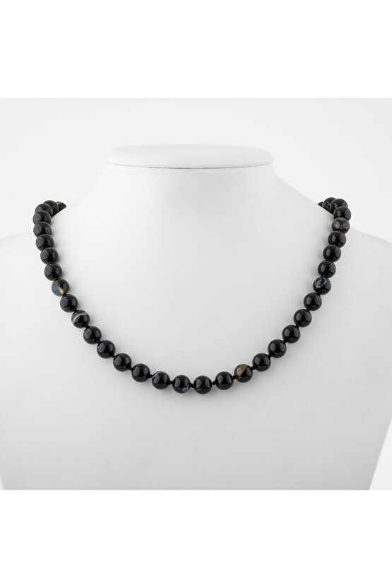 Siyah Göz Akik 8 mm Düğümlü Doğal Taş Kolye