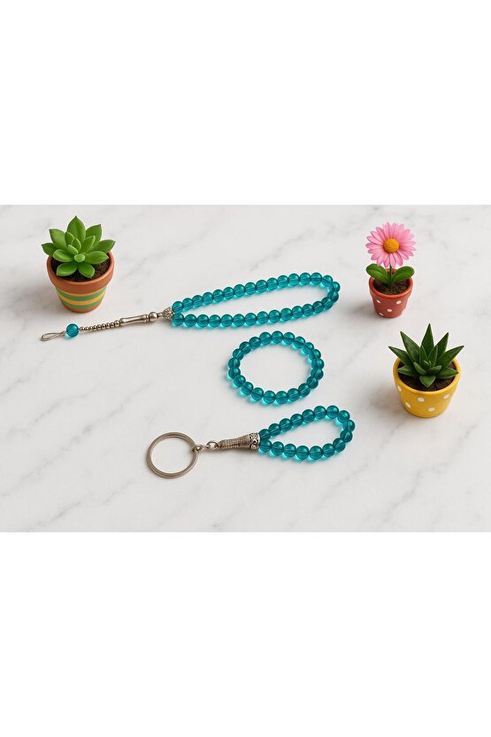 Oniks Taşı Cam Bileklik-33Lü Tesbih-Anahtarlık Seti| 3Lü Set| Hediye Aksesuar Kombin|Petrol Yeşili