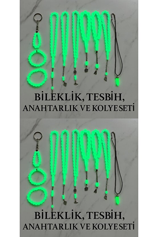 Fosforlu Kedigözü 20Li Set-Tesbih Kolye Bileklik Anahtarlık Seti-Karanlıkta Parlar-Hediye Aksesuar