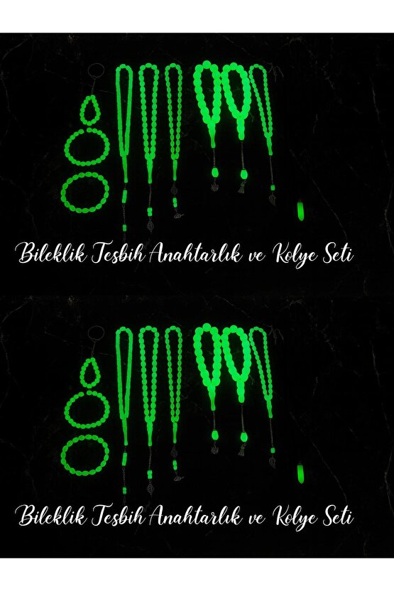 Fosforlu Kedigözü 20Li Set-Tesbih Kolye Bileklik Anahtarlık Seti-Karanlıkta Parlar-Hediye Aksesuar