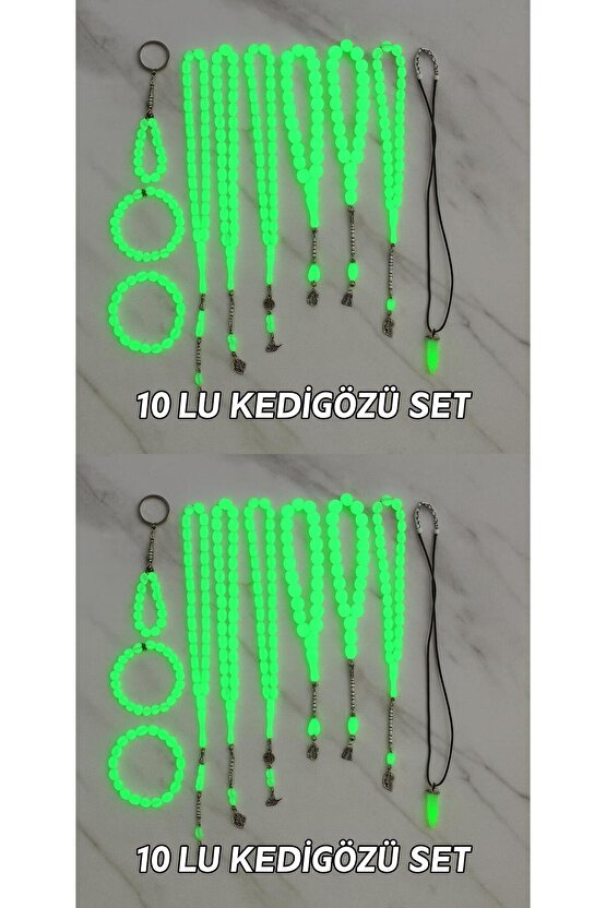 Fosforlu Kedigözü 20Li Set-Tesbih Kolye Bileklik Anahtarlık Seti-Karanlıkta Parlar-Hediye Aksesuar