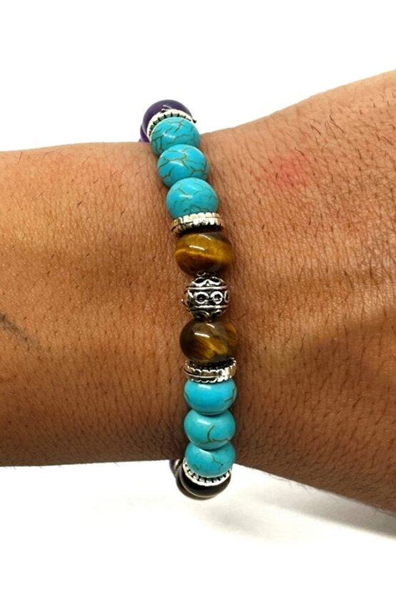 Gerçek Doğal Taş - Nazar Bilekliği - Turkuaz - Kaplan Gözü - Ametist - Hematit