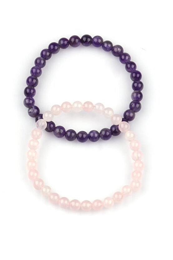 Ametist - Pembe Kuvars Doğal Taş Bileklik 6 mm 2’li Set