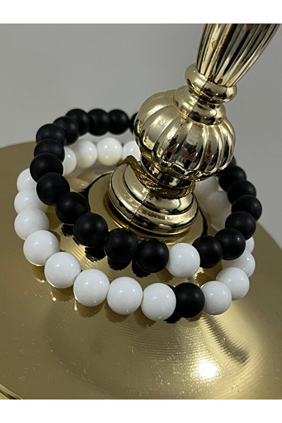 Siyah Beyaz Sevgili Çift Kombini Mat oniks taş Hediyelik Unisex Bileklik